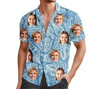 Modaworld Camicia Uomo con Stampa Foto del Viso Personalizzata | Camicia Hawaiana Floreale Estiva per Spiaggia e Feste | Poliestere Leggero, Taglie Disponibili (M-3XL)
