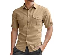 Modeewel Camicia da uomo con bottoni, traspirante, tinta unita, da uomo, a maniche lunghe, da lavoro, per attività all'aria aperta, Columbia, in tinta unita, con tasche, cachi, 4XL