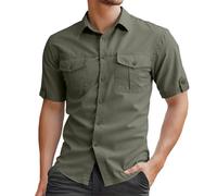 Modeewel Camicia da uomo con bottoni, traspirante, tinta unita, da uomo, a maniche lunghe, da lavoro, per attività all'aria aperta, Columbia, in tinta unita, con tasche, verde, XL