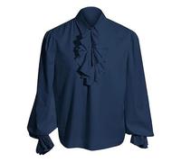 Modeewel Camicia da uomo medievale, vintage, a maniche lunghe, per il rinascimento, con volant, per cosplay, Blu mare, L
