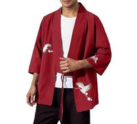 Modeewel Camicia Giappone da uomo Loose Fit Happi Kimono Haori Giacca Estiva Camicia Cinese Abbigliamento Tradizionale Giacca di transizione Cotone Lino Ninja Kimono Pigiameria Cardigan, Vino, L