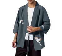Modeewel Camicia Giappone da uomo Loose Fit Happi Kimono Haori Giacca Estiva Camicia Cinese Abbigliamento Tradizionale Giacca di transizione Cotone Lino Ninja Kimono Pigiameria Cardigan, Blu, 3XL