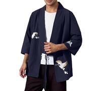 Modeewel Camicia Giappone da uomo Loose Fit Happi Kimono Haori Giacca Estiva Camicia Cinese Abbigliamento Tradizionale Giacca di transizione Cotone Lino Ninja Kimono Pigiameria Cardigan, Blu mare, 3XL