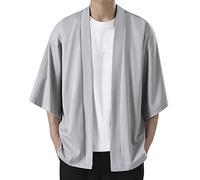 Modeewel Cardigan Uomo Lino Cardigan Kimono Giapponese Maniche 3/4 Open Front Coat Giacca di mezza stagione Traspirante Kimono Giacca Harajuku Haori Giacche Tradizionale Yukata Accappatoio, grigio