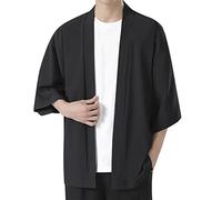 Modeewel Cardigan Uomo Lino Cardigan Kimono Giapponese Maniche 3/4 Open Front Coat Giacca di mezza stagione Traspirante Kimono Giacca Harajuku Haori Giacche Tradizionale Yukata Accappatoio, Nero , XL