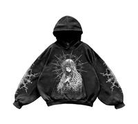 Modeewel Felpa da uomo, comoda felpa con cappuccio, con stampa a angelo, per la morbida streetwear Y2K, con cappuccio regolabile, vestibilità regolare, C nero., L