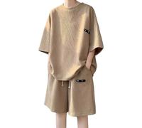 Modeewel Tuta estiva da uomo, corta, 2 pezzi, pantaloncini e t-shirt, set di tuta Y2K, comoda, traspirante, in due pezzi, da uomo, da spiaggia, da sport, per il tempo libero, caffè, M