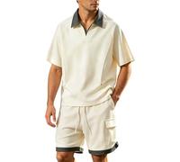 Modeewel Tuta sportiva da uomo a maniche corte con polo e pantaloncini cargo, set da 2 pezzi, tuta da basket per allenamento, corsa, tempo libero, outdoor, tuta sportiva giapponese, tuta per il tempo
