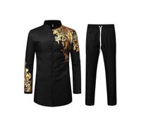 Modeewel Uomo Africano Set 2 Pezzi Musulmano Caftano Middle East Thobe Con Pantaloni Dubai Arab Abbigliamento Africano Confortevole Dashiki Abiti Tradizionali, Nero , XXL