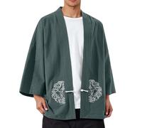 Modeewel Uomo Giappone Happi Haori Kimono Cardigan Pigiameria Cardigan Estivo Camicia Cinese Abbigliamento Tradizionale Giacca di Mezzogiorno Giacca Cotone Lino Ninja Kimono, Blu, M