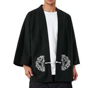 Modeewel Uomo Giappone Happi Haori Kimono Cardigan Pigiameria Cardigan Estivo Camicia Cinese Abbigliamento Tradizionale Giacca di Mezzogiorno Giacca Cotone Lino Ninja Kimono, Nero , XL