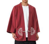 Modeewel Uomo Giappone Happi Haori Kimono Cardigan Pigiameria Cardigan Estivo Camicia Cinese Abbigliamento Tradizionale Giacca di Mezzogiorno Giacca Cotone Lino Ninja Kimono, Colore: rosso, 4XL
