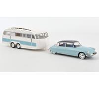 1959 Citroen DS 19 Azul Nube/Berenjena + Caravana Henon Blanca/Azul 1:18 Norev 1