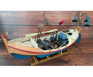 MODELLINO BARCA DA PESCA Tipico GOZZO Con LAMPARE & PESCATORE ARREDAMENTO MARINO