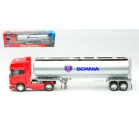 MODELLINO CAMION STATICO WELLY SCANIA R730 TRACTOR ROSSO SILVER OIL TANKER 1/32