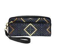 Modello Art Deco senza soluzione di continuità blu e dorato, Borsa per il trucco Borsa per cosmetici Borsa da viaggio portatile da toilette Astuccio in pelle per donne e ragazze
