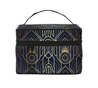 Modello Art Deco senza soluzione di continuità blu e dorato, Borsa per il trucco Borsa per cosmetici Borsa da viaggio portatile da viaggio Astuccio per matite