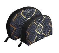 Modello Art Deco senza soluzione di continuità blu e dorato, Borsa per trucco a conchiglia Portamonete da donna Borsa da toilette piccola Borsa per cosmetici 2 pezzi