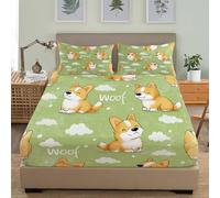 Modello Corgi Dei Cartoni Animati Lenzuolo con Angoli 180x200 cm Set di Biancheria da Letto Morbida Traspirante Ipoallergenico, Verde Microfibra Spazzolata Lenzuolo con Angoli con 2 Federe