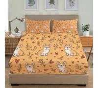 Modello Corgi Dei Cartoni Animati Lenzuolo con Angoli Matrimoniale 180x200 cm, Giallo Lenzuolo con Angoli in Microfibra Morbido Tasca Profonda 30 cm Coprimaterasso Traspirante e Lavabile con 2 Federe