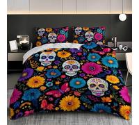 Modello Del Teschio Del Giorno Dei Morti Copripiumini Biancheria da Letto 250x200 cm Morbido Comodo Microfibra Colorato Copripiumini Biancheria da Letto Set con Cerniera Tutte le Stagioni 3 Pezzi