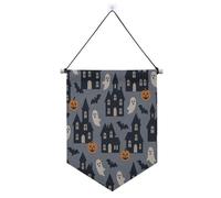 Modello di Halloween Case infestate su banner grigio appeso con asta telescopica bandiere banner decorazioni per feste all'aperto per interni, feste all'aperto