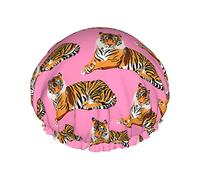 Modello di tigre su cuffia da doccia rosa per donna Cappello da doccia regolabile doppio impermeabile Protezione dei capelli Cappello da doccia riutilizzabile per spa da donna