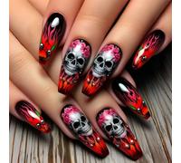 Modello Fiori Del Cranio Unghie Artificiali Easy Applicazione Comoda Indossa Unghie Finte Per L'occasione A Tema Halloween Scheletro Rosso Halloween Unghia