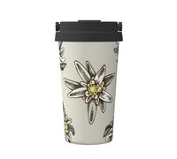 Modello senza cuciture con H e stella alpina colorata disegnata,Tazza da caffè da 500 ml, bottiglia d'acqua in acciaio inossidabile isolata, tazza da caffè portatile