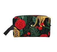 Modello senza cuciture con leopardi e rose, organizer per cosmetici di grande capacità, borsa da viaggio per il trucco da donna