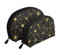 Modello senza cuciture di rete di stelle nere dorate, Borsa per trucco a conchiglia Portamonete da donna Borsa da toilette piccola Borsa per cosmetici 2 pezzi