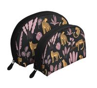 Modello tropicale leopardo, Borsa per trucco a conchiglia Portamonete da donna Borsa da toilette piccola Borsa per cosmetici 2 pezzi