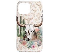Modello Western Boho Chic Longhorn con teschio di toro e cactus beige Custodia per iPhone 16 Pro Max