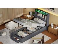 MODENVIE Letto Singolo Imbottito 90x190 senza Materasso, Letto Contenitore Idraulico, LED-Bett con USB e Testiera Regolabile con Scomparto Segreto e Tasche Laterali, Grigio