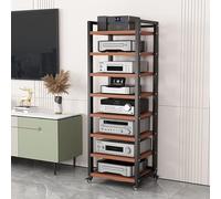 Modern AV Media Stand with Wheels - 8-Tier Walnut Stereo Rack for Record Player & Audio Components Stylish Entertainment Cabinet for Home Theater Systems W 19.6"