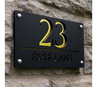 Modern Black and Gold Acrylic House Number Sign - Personalizzato Floating Door Plaque with Street Name, 3D Cut-Out Design, Waterproof Outdoor Address Plate with Mirror Gold Backing and Screws