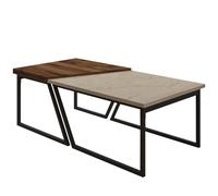 Modern Coffee Table Set (2 pezzi), noce rustica e travertino, 120 x 40,6 x 60 cm, 100% melamina rivestita, Black Metal Legs | Elegante design industriale