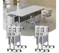 Modern Conference Room Tables, Folding Flip Top Conference Table, White Mobile Training Desk, Seminar Boardroom Desk, Meeting Room,Classroom 4pcs 160cm