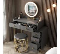 Modern Dressing Table with Mirror and Lighting Extendable Vanity Desk with 3 Lighting Modes 5 Drawers Bedroom Makeup Table (Grey 90cm)