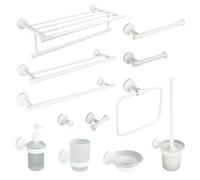 Modern Home Essentials - Set di accessori da bagno in acciaio inox bianco, porta asciugamani e porta carta igienica, portaspazzolino, portasapone, appendiabiti (2 ganci per accappatoio)