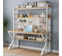 Modern Home Office Computer Desk with Storage Shelves Pegboard and Solid Wood Writing Surface Large Study Workstation Table for Small Spaces (31" W x 69" H x 23,6" D White & Black)