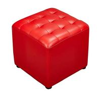Modern Leather Upholstered Cube Pouf Ottoman with Solid Wood Base Small Bench and Coffee Table for Living Room 35x35x40cm