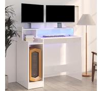 Modern LED Desk with USB Port, White Glossy Computer Table 97x45x90cm, Multilayer Wood Study Desk for Home Office & Gaming, Spacious Workstation with Colored Lights, Sturdy & Stable Design