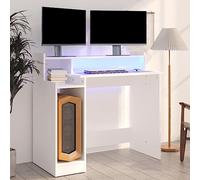 Modern LED Desk with USB Port, White Wooden Computer Table 97x45x90 cm, Multilayer Plywood Study Desk for Home Office & Gaming, Ergonomic Workstation with Colorful Lights, Spacious Surface