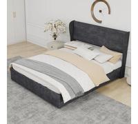 Modern Minimalist Upholstered Bed with Soft and Comfortable Headboard, 160 x 200 cm, Grey, Multi-Functional Bedroom Furniture, High-Profile Storage Base with Gas Lift Mechanism, Mattress Not Included.