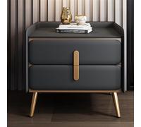 Modern Navy Blue Night stand with 2 drawers Stylish Bedside Table Wood & Nappa Leather Cold Steel Gold Plated Handles & Feet 40cm Size.