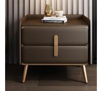 Modern Night Stand with 2 Drawers Dark Brown Bedside Table Stylish Wood Design Gold Plated Handles & Feet Nappa Leather 45cm Height Perfect for Bedroom Storage