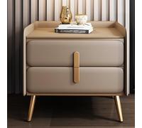 Modern Night Stand with 2 Drawers Khaki Pink Bedside Table Stylish Wood Design Cold Steel Gold Plated Handles Nappa Leather 45cm Size.