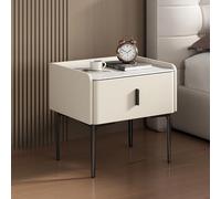 Modern Nightstand with Storage Drawer, Pu Leather Finish & Faux Stone Top, Elegant Bedside Tables Sofa Side Table for Bedroom Living Room, Fully Assembled Except Legs(40x40x48cm(16x16x19inch), Beige)