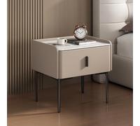 Modern Nightstand with Storage Drawer, Pu Leather Finish & Faux Stone Top, Elegant Bedside Tables Sofa Side Table for Bedroom Living Room, Fully Assembled Except Legs(50x40x48cm(20x16x19inch), Khaki)